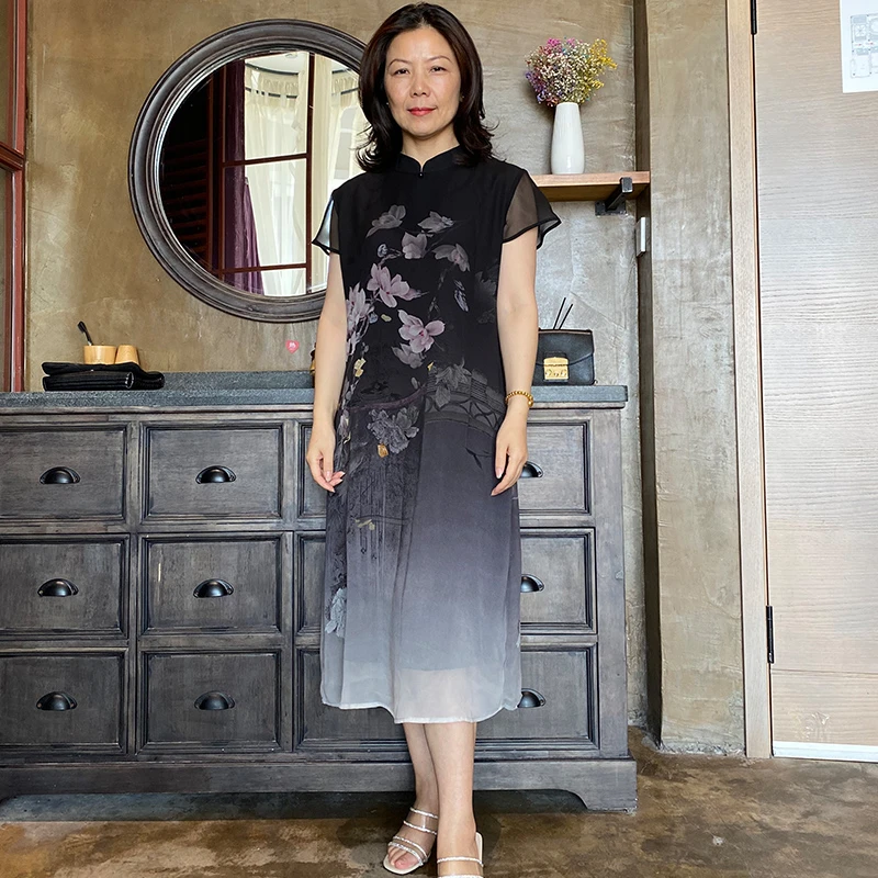 新款改良旗袍中长款连衣裙妈妈装气质母亲高档中老年夏季新中式