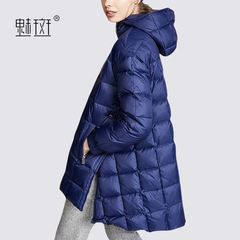 魅斑欧美休闲时尚羽绒服女中长款冬装2022年新款连帽保暖羽绒外套