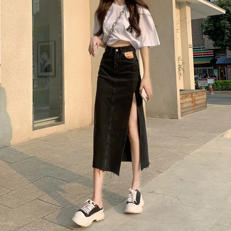 高腰侧开叉牛仔半身裙女2025新款夏季显瘦开衩中长款a字包臀裙子