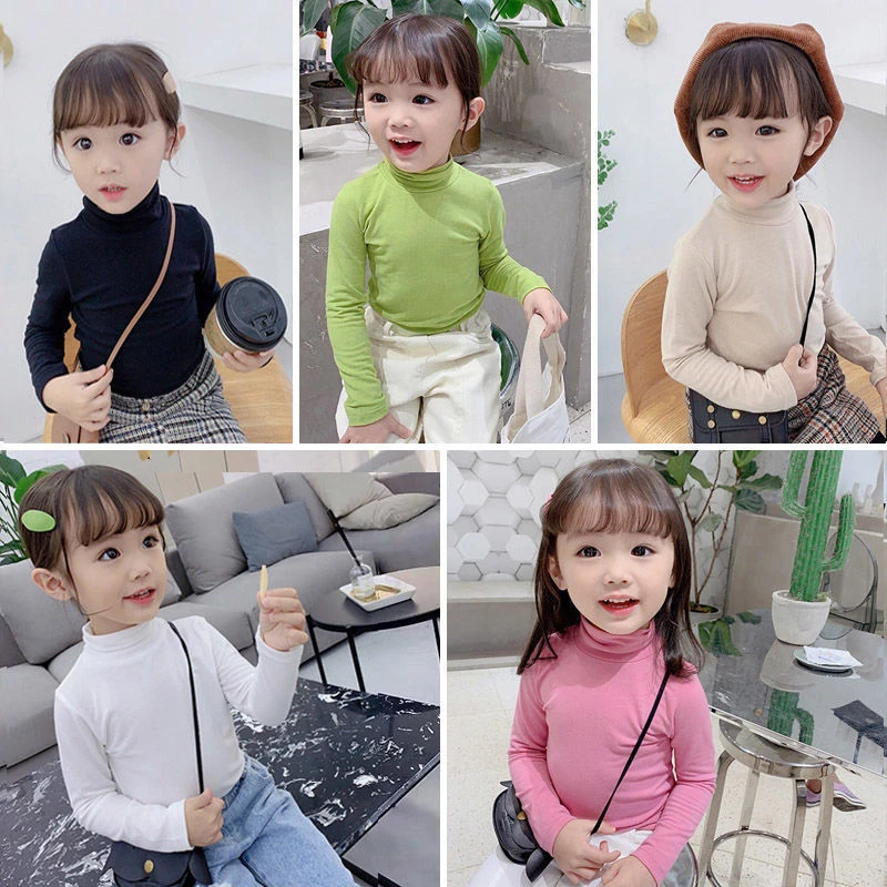 童装2023新款双面薄绒秋冬装女童纯色长袖打底衫儿童高领T恤上衣