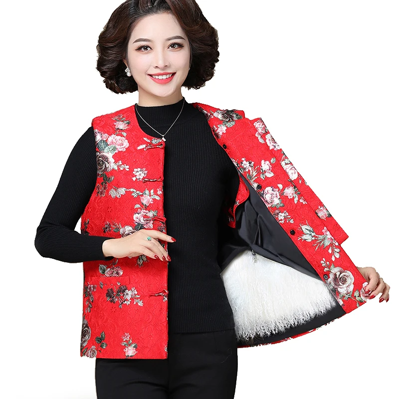 古漠望羊中老年唐装滩羊毛马甲皮毛一体羊皮背心马夹女加厚冬季