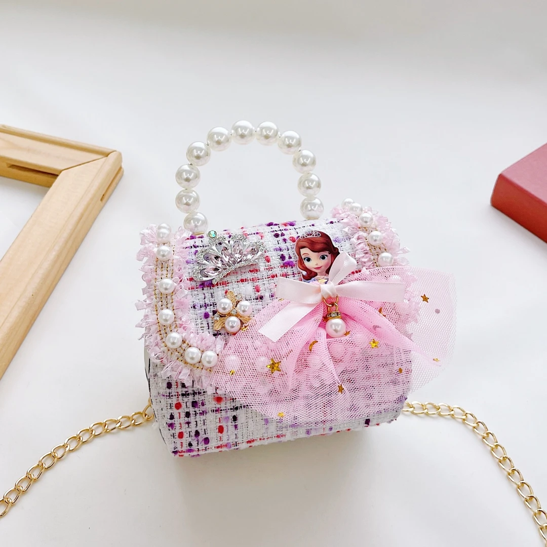 艾悦定制苏菲亚公主包女童装饰穿搭包珍珠皇冠蝴蝶结儿童斜挎小包