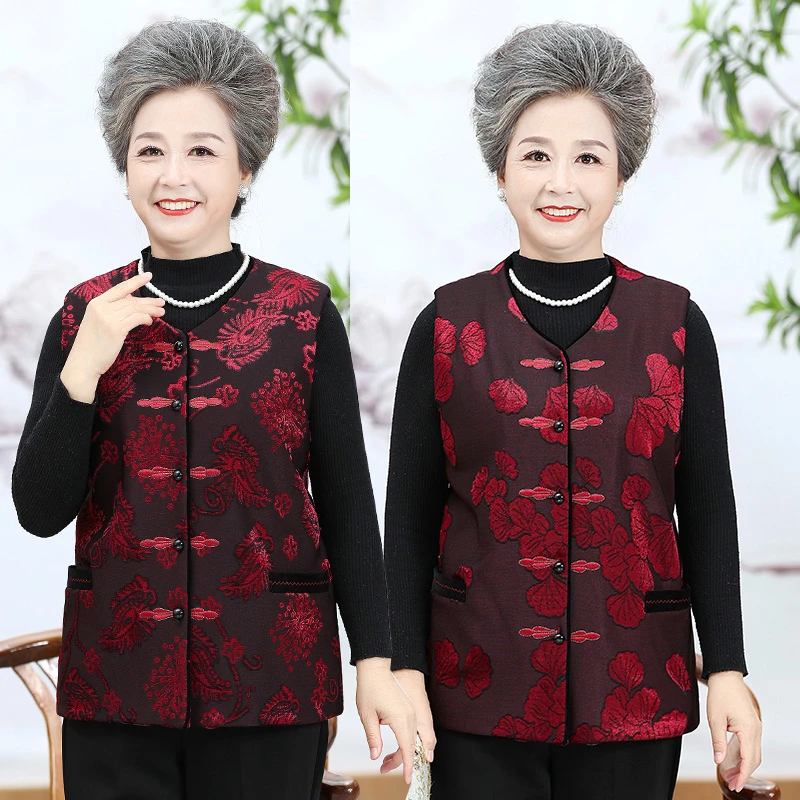 大码秋冬中老年奶奶女装夹棉加绒马甲加肥加大胖妈妈绣花棉马夹