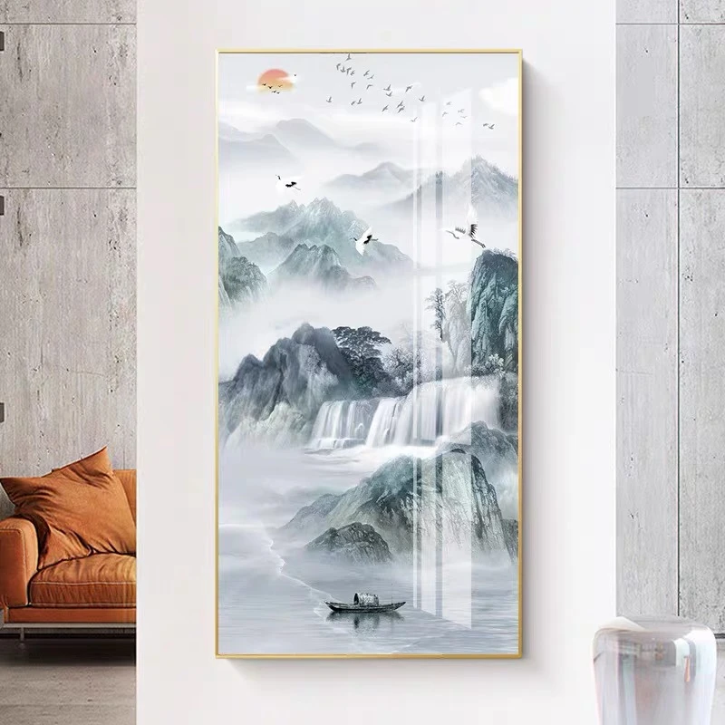 进门入户玄关装饰画新中式竖版大气山水国画过道装饰壁画走廊挂画