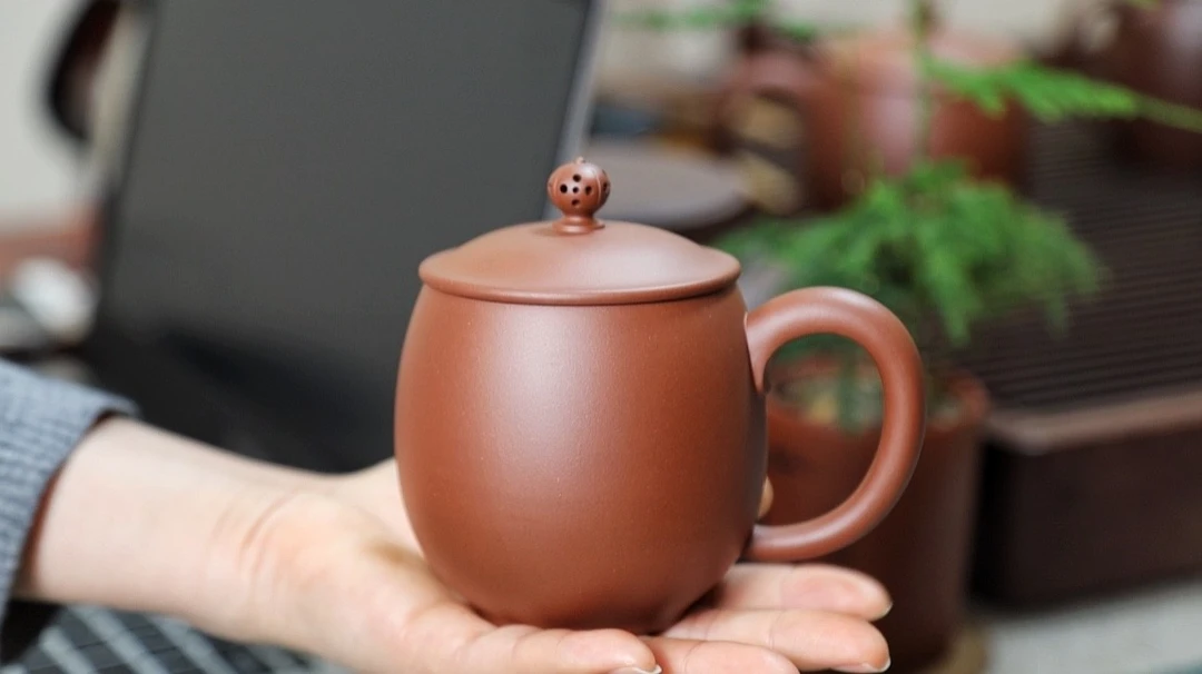 宜兴紫砂盖杯水杯带盖紫砂杯办公杯茶具龙蛋盖杯紫泥330cc家用