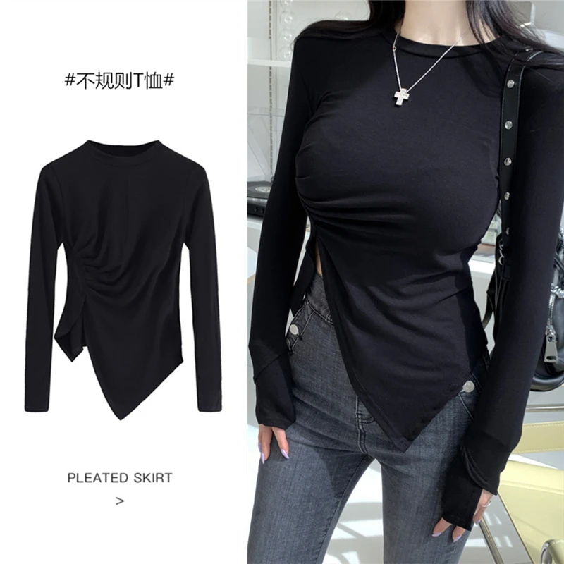 【小大胖严选】大码黑色长袖t恤新款秋季打底衫内搭显瘦开叉上衣