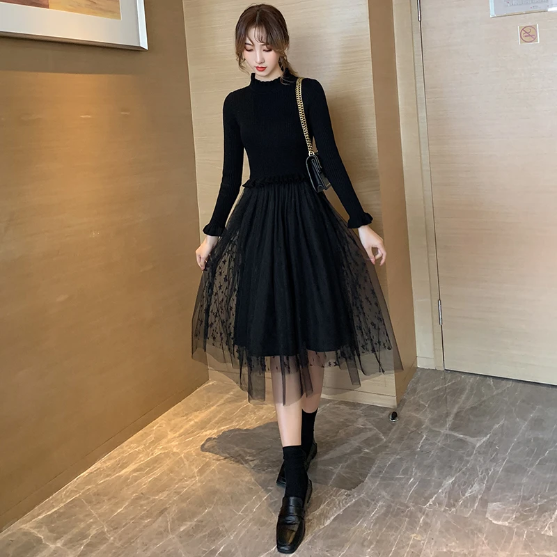 冬天内搭打底裙女秋冬针织连衣裙收腰显瘦网纱拼接毛衣裙子中长款