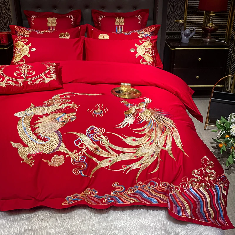 新中式高端双面100支长绒棉刺绣婚庆四件套大红结婚纯棉床上用品