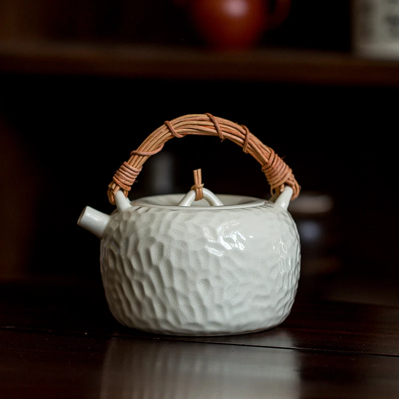 百垚苏打釉手工藤编提梁壶开片可养煮茶壶电陶壶明火壶功夫茶具
