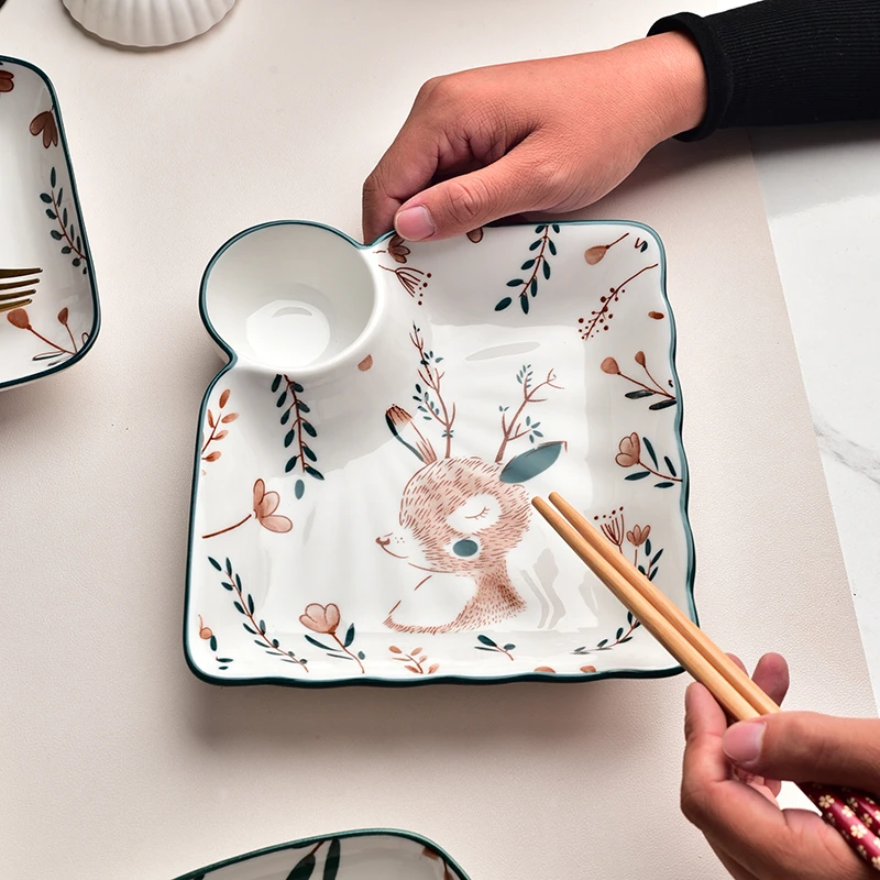 吉美雅【破损包赔】饺子盘2只装一鹿有你创意餐具网红好看高颜值