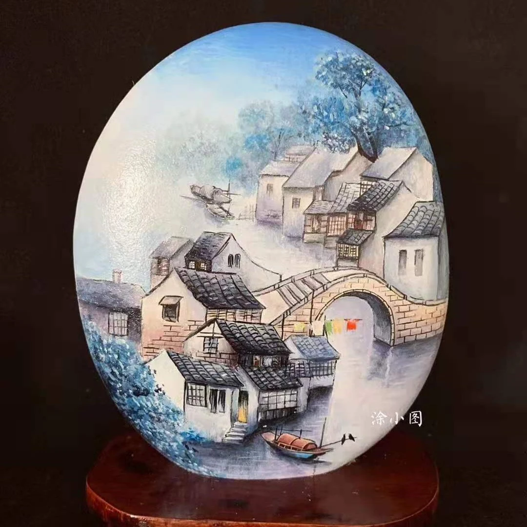【涂小图石头画】预定手绘江南水乡18CM左右带底座