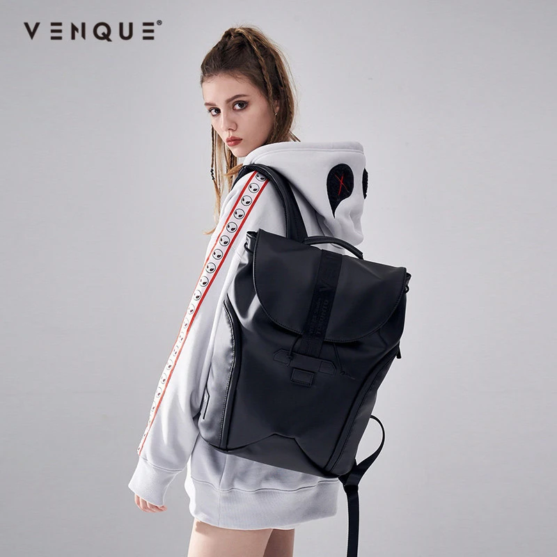venque/范克背包男皮质双肩包女旅行大容量新款时尚翻盖书包日系