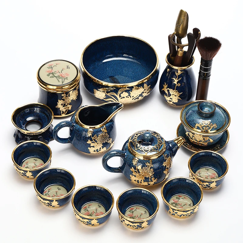 KANGLEPIN/康乐品镶金建盏功夫茶具套装泡茶壶家用盖碗茶杯办公室