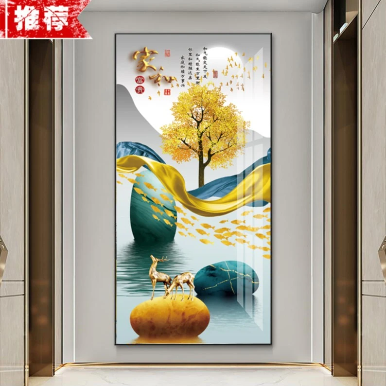 【玄关画】福禄百财家和富贵装饰画铝合金边框晶瓷画镶钻玄关墙挂画
