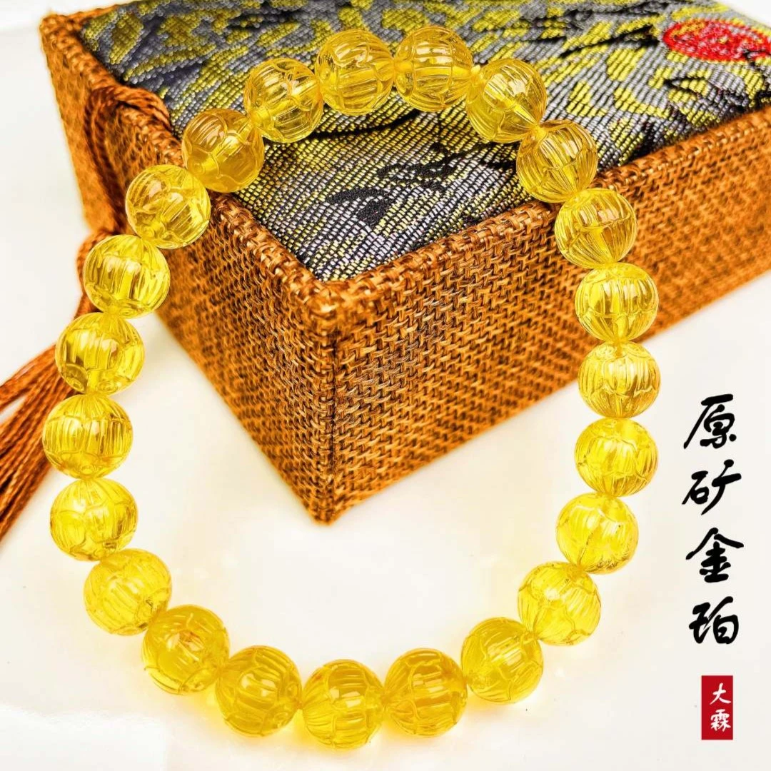 天然金珀手串琥珀蜜蜡原矿莲花雕刻手链男女款9m（珠宝基地发货）