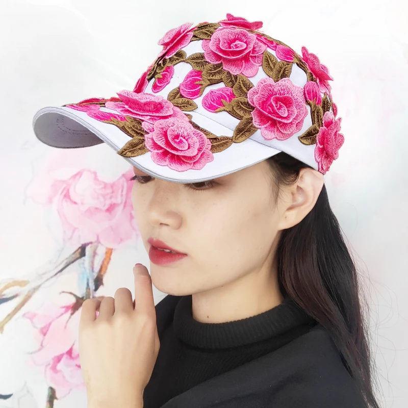新款女士民族风立体绣花朵帽棒球帽加长帽檐遮阳棉鸭舌帽春夏