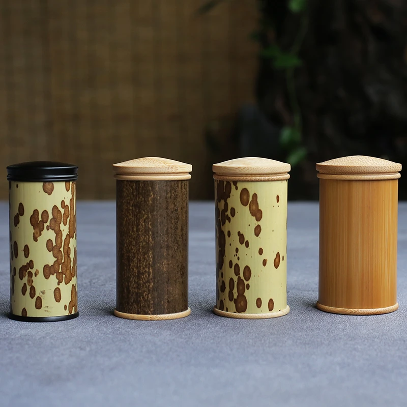 竹制中国大陆茶叶罐密封储物便携梅鹿竹木盖茶随身竹筒包装盒复古