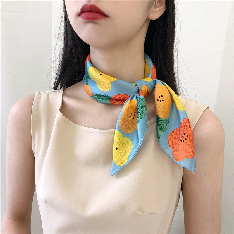 70cm数码喷绘丝巾女小方巾花卉百搭领巾韩版学生围巾春秋护颈围脖
