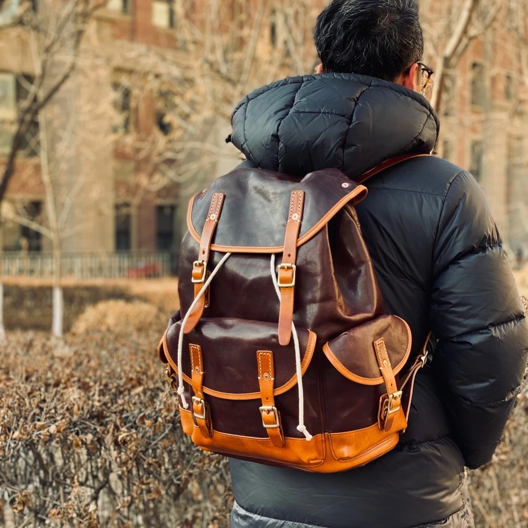 【45*35*20】本儿哥的店 牛皮大容量双肩包真皮包伞兵包露营风