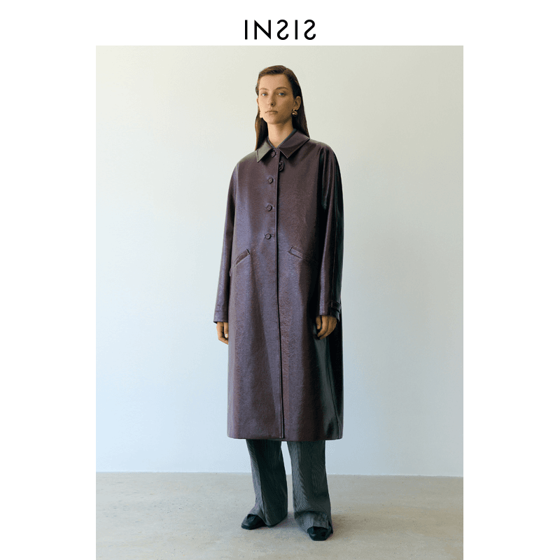 INSIS FEMME 亮皮H型长款皮衣外套女秋jin口环保皮宽松设计款上衣