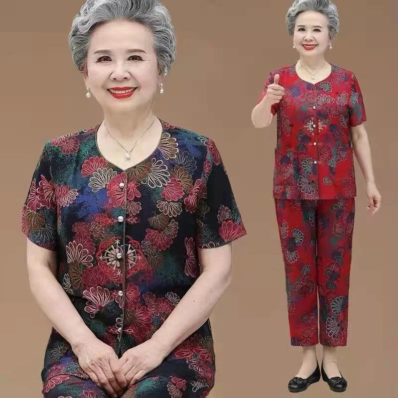【芊上】8561  中老年妈妈装奶奶装纽扣洋气绵绸开衫九分裤套装