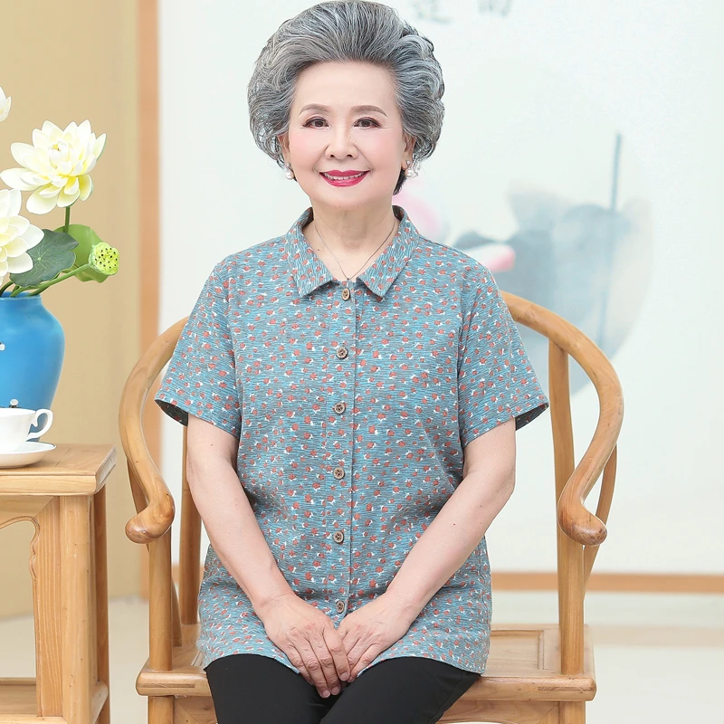 中老年人夏装女老太太衬衣奶奶短袖衬衫60岁妈妈上衣老人中年通勤