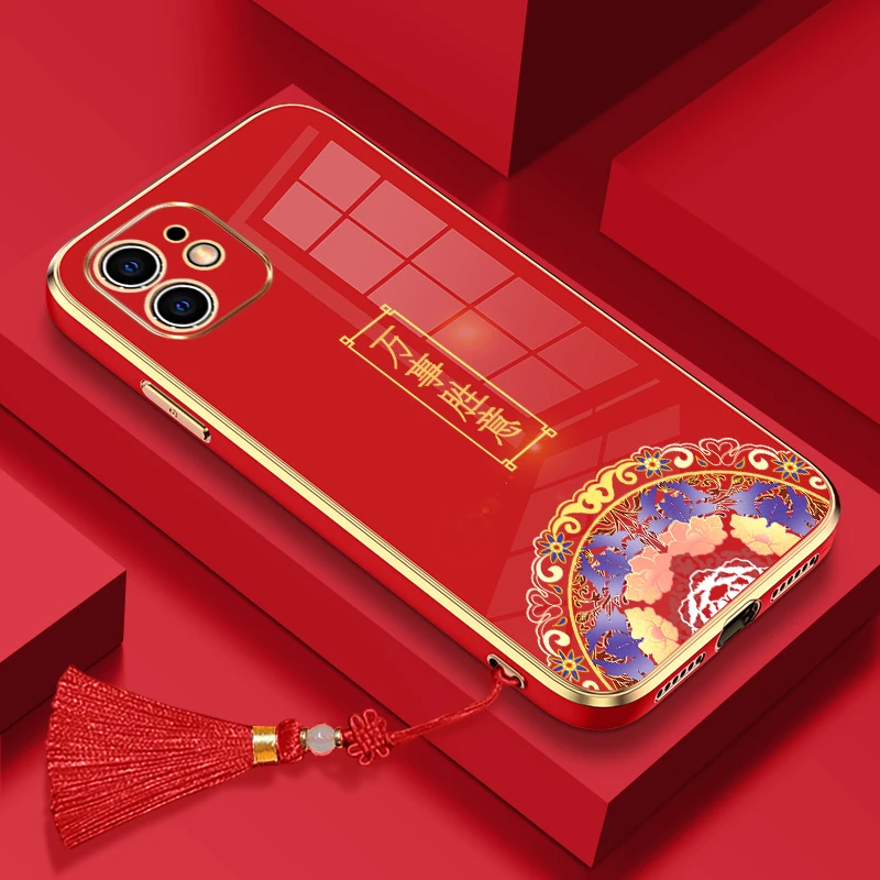 适用【苹果/华为/vivo/oppo/小米】图腾电镀中国红手机壳硅胶全包