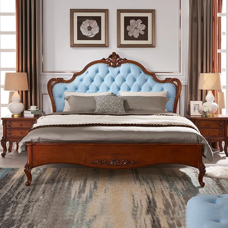 轻奢头层牛皮床1.5米双人床主卧婚床现代简约美式实木床桃心花木