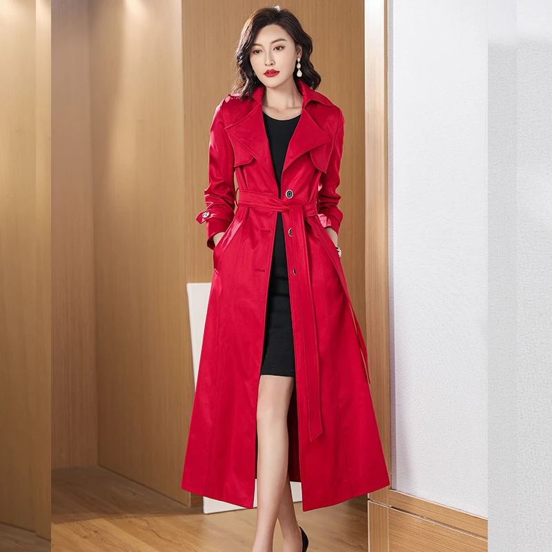 流行长款风衣女2022新款春款大衣过膝外套收腰气质显瘦女装黑时尚