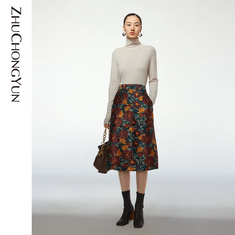 ZHUCHONGYUN袖针提花印花碎花秋冬圆领高腰长款织衫C1AY4817M