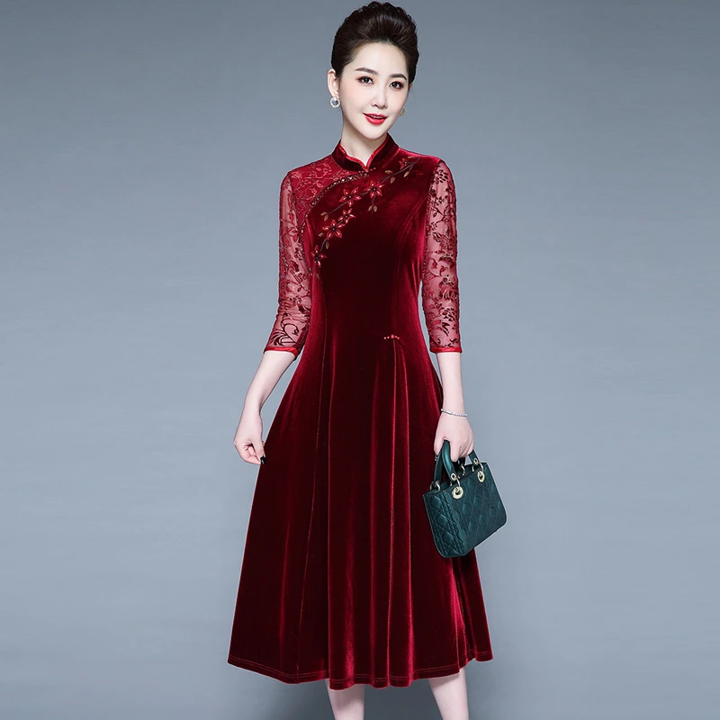 改良旗袍喜婆婆婚宴装妈妈装连金丝绒衣裙婚宴礼服日常可穿连衣裙