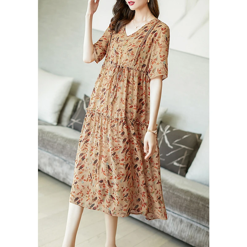 阿吉多-A82078碎花系带收腰连衣裙女装2023夏季新款法式V领茶歇裙