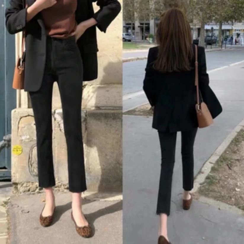 毛边烟管裤黑色牛仔裤女直筒宽松显瘦高腰韩版烟管九分裤夏季新款