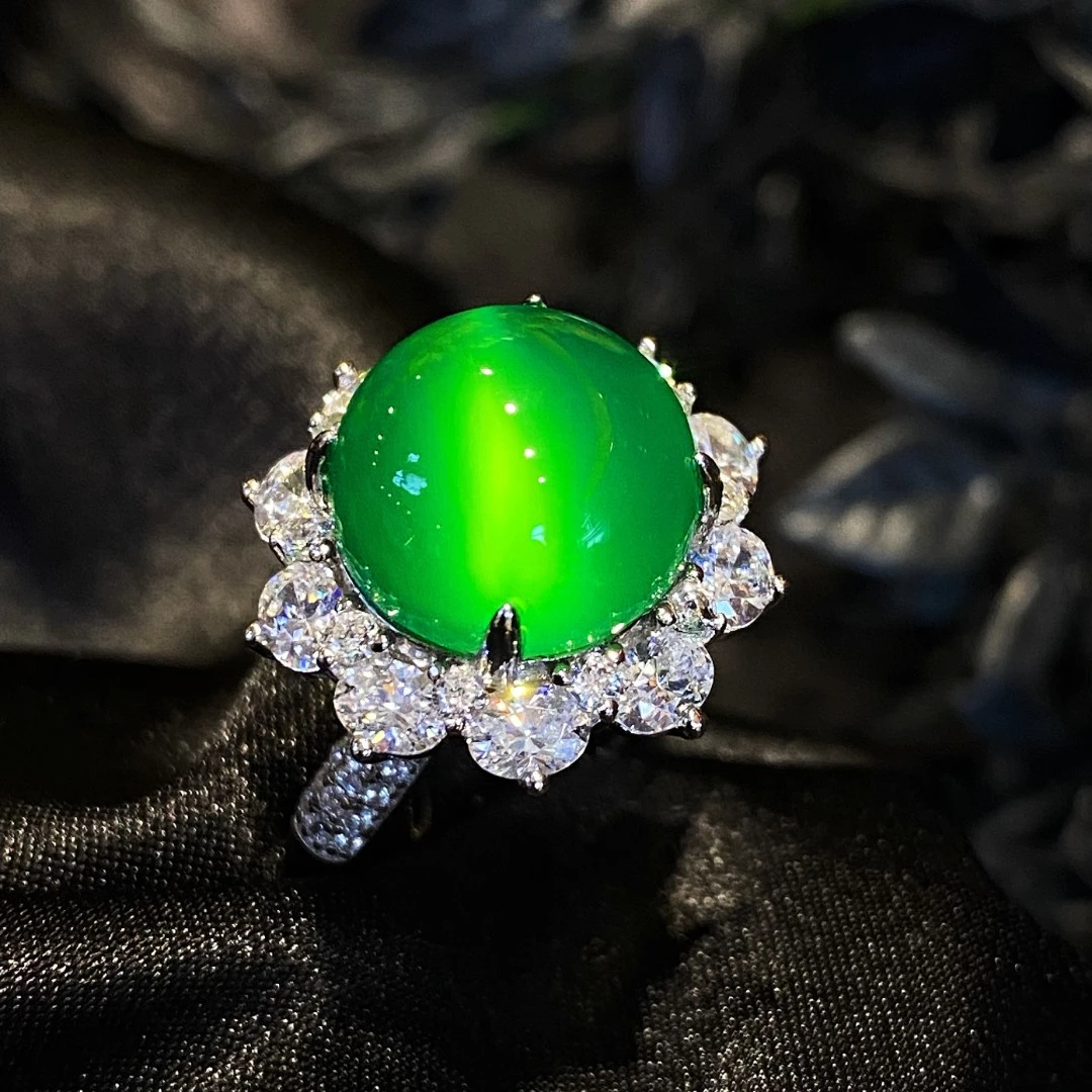 VISING马料绿玉髓戒指正圆太阳花戒指S925银镀金