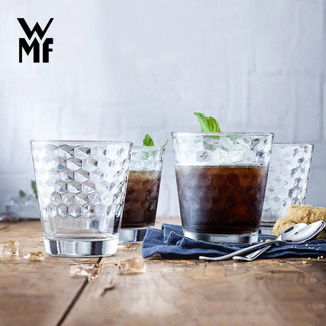WMF德国福腾宝 北欧菱纹玻璃杯4件套 水杯咖啡杯透明耐热茶杯奶杯