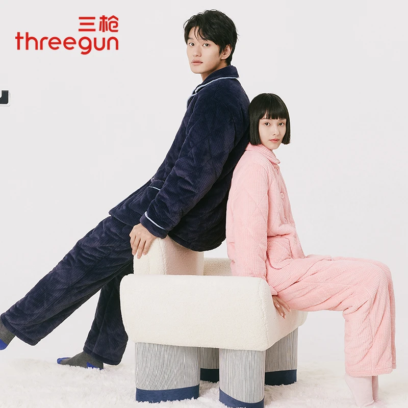 三枪牛奶绒夹棉睡衣套装男女士翻领开襟情侣家居服81959/81988