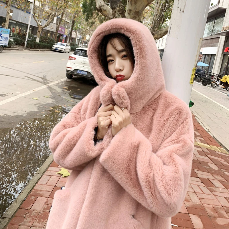 毛毛外套大码秋冬女加厚仿毛毛长款连帽宽松人造毛绒棉服外套保暖