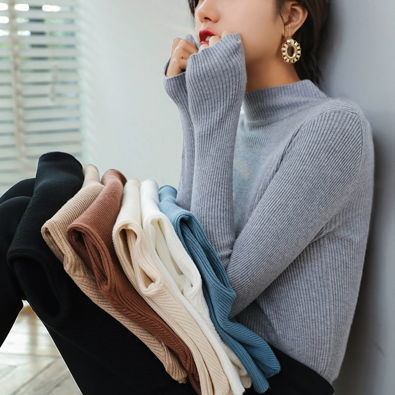 2022螺纹针织打底衫女春秋季内搭百搭半高领长袖修身显瘦上衣1612