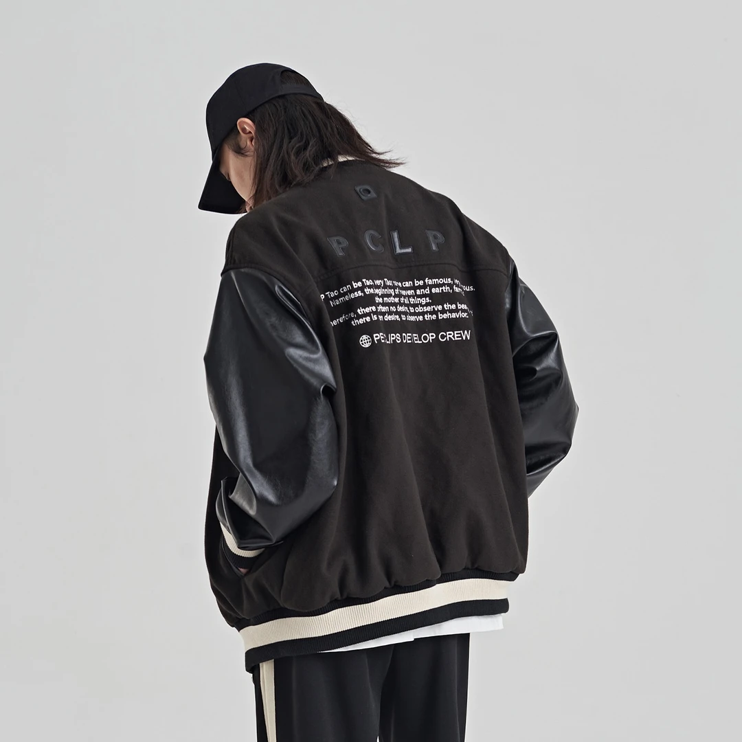 PCLP环球字母拼皮袖棒球服国潮牌春秋季美式夹克外套男