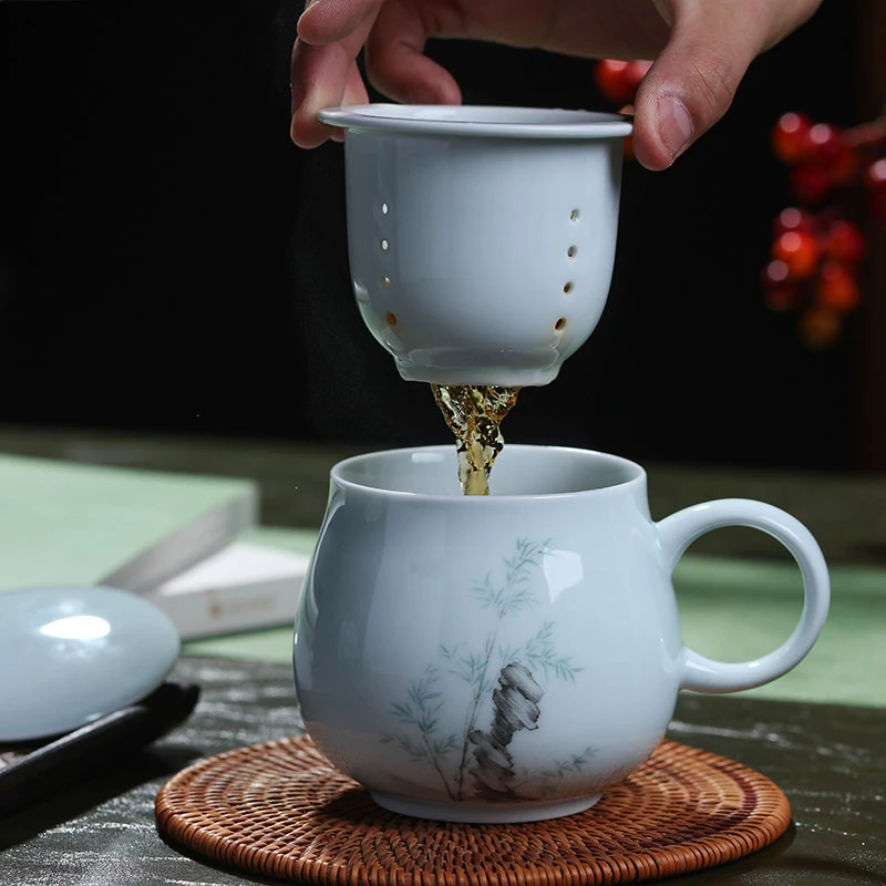 梓鑫景德镇茶杯陶瓷带盖过滤杯家用喝水杯子青瓷可爱办公室礼品杯
