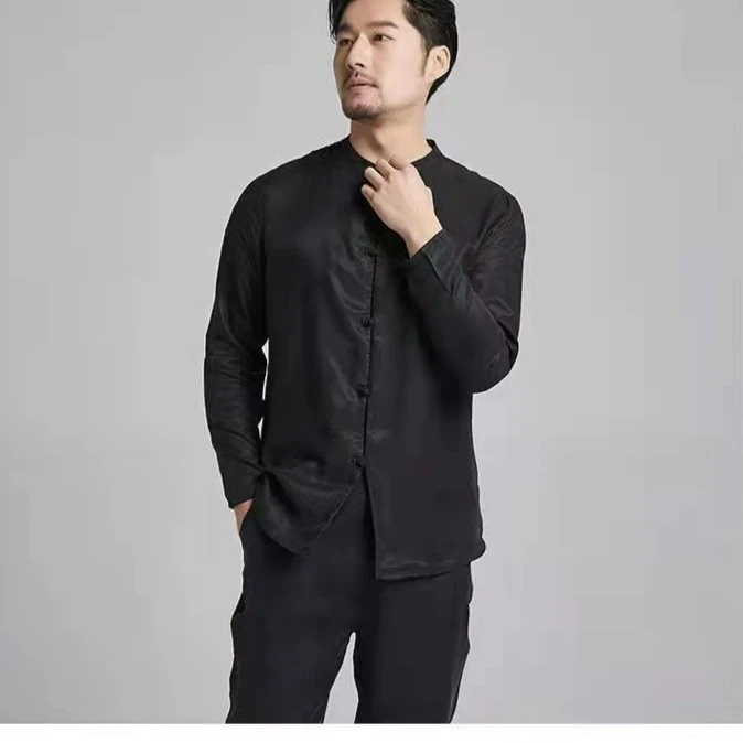 蒙鲤国风男士667款丝滑衬衫外搭立领立领纯色上衣中国风中式服装