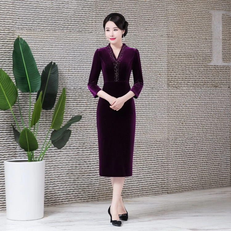 秋冬金丝绒旗袍连衣裙高档婚礼妈妈礼服中老年喜婆婆婚宴(有加绒