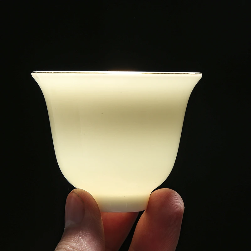 家用羊脂玉功夫茶杯德化白瓷描金品茗杯三才杯陶瓷纯白单杯主人杯