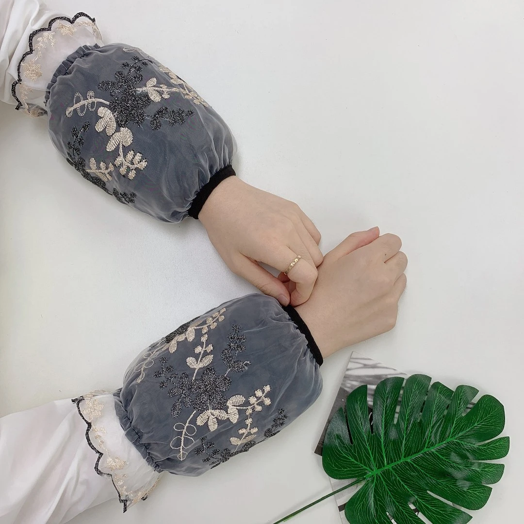 韩版花朵刺绣网纱蕾丝袖套女士短款学生防污护袖头秋冬季办公袖筒