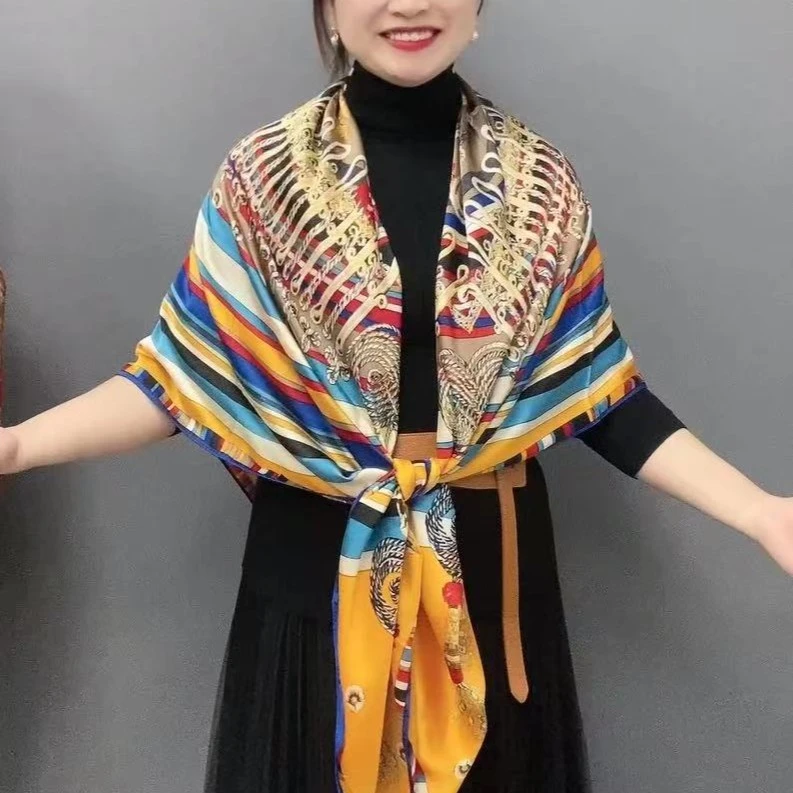 美丝宸 圆圈麦穗黄色130*130大方巾艳丽显肤色丝巾彩虹色大方巾