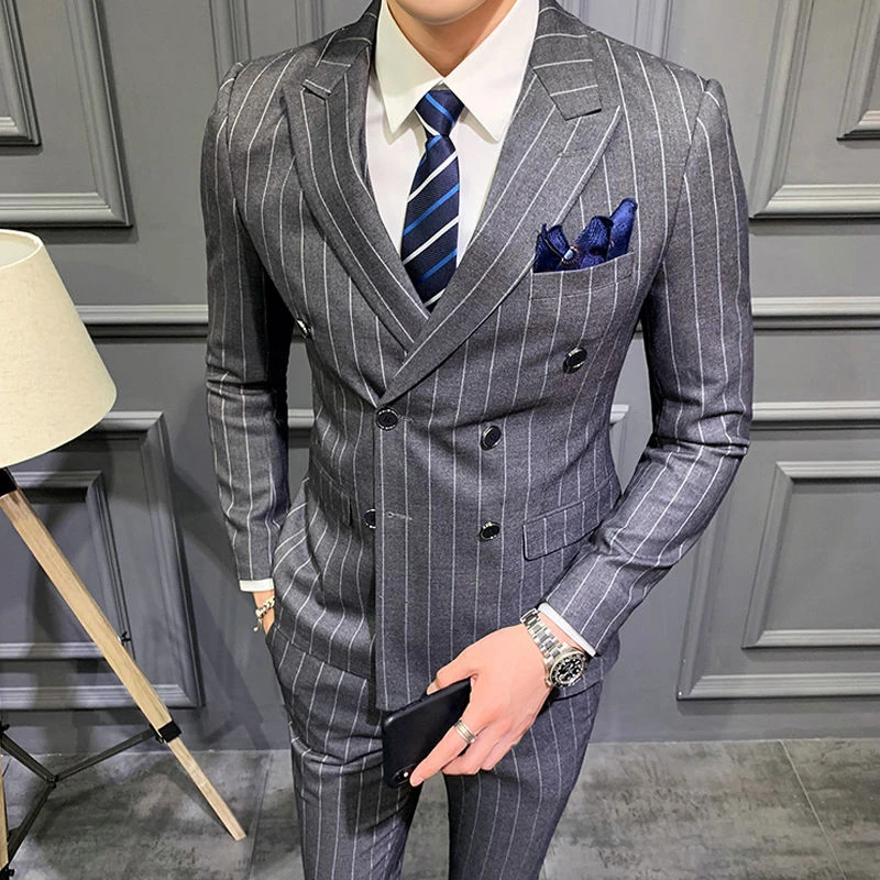 西装男套装英伦双排扣西装三件套韩版修身条纹西服新郎结婚礼服