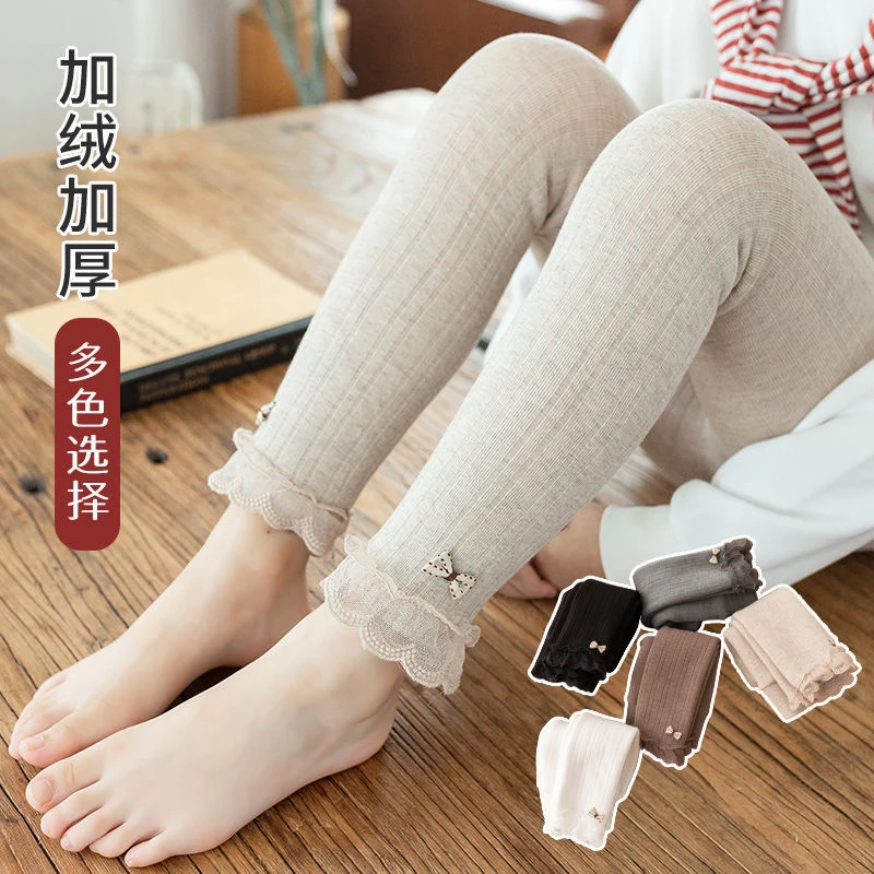 女童加绒加厚打底裤冬季外穿棉蕾丝花边连裤袜宝宝高腰九分裤洋气