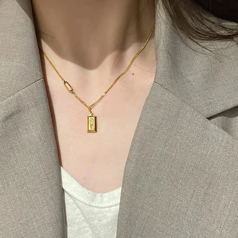 足金暴富小金条时尚黄金项链轻奢巧克力方块吊坠套链小金砖坠链女
