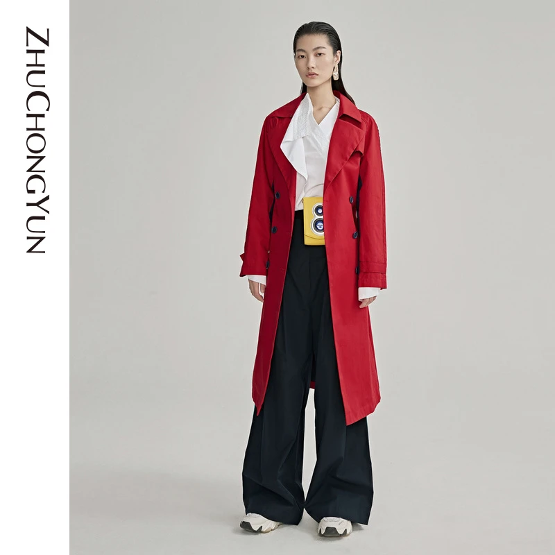 ZHUCHONGYUN修身显瘦双排扣风衣外套休闲红色时尚长袖C1JS3302F
