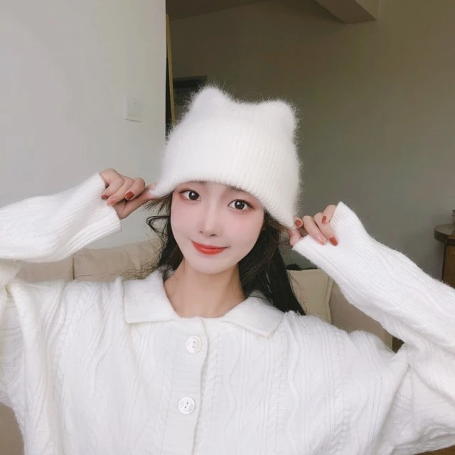 可爱帽子兔毛纯色毛线帽白色宽松休闲毛绒百搭加厚慵懒风帽子
